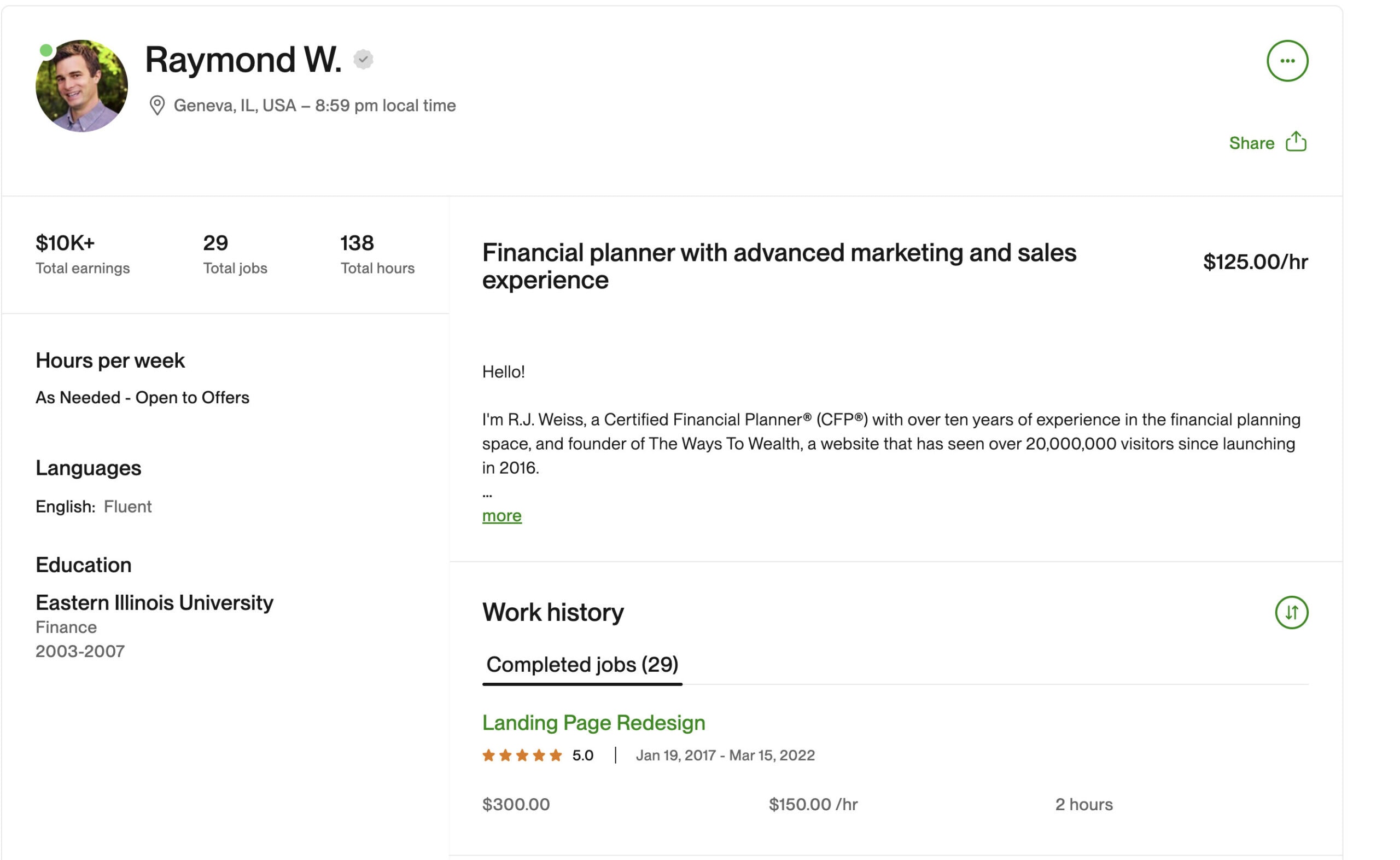 A screen shotof RJ's upwork profile