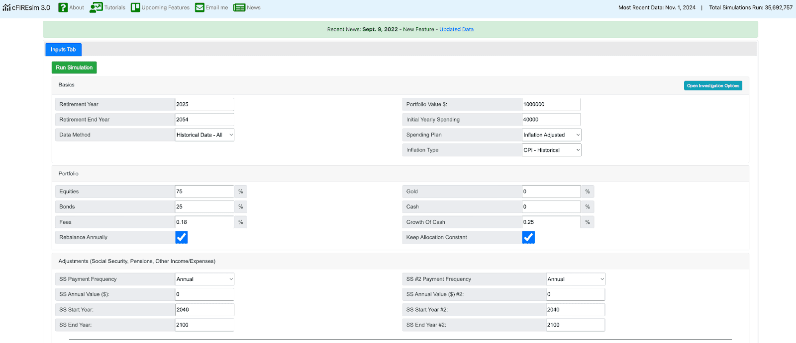 cFIREsim’s main page, where you customize 30+ variables like retirement year, portfolio value, and asset allocations for a detailed simulation of your retirement plan.