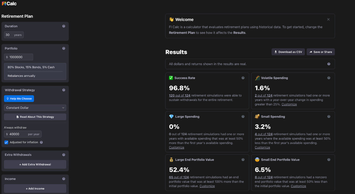 FI Calc offers a sleek, minimal interface that still offers plenty of customization—letting you tweak details like portfolio size, withdrawal strategies, and more, all while viewing real‐time simulation results.