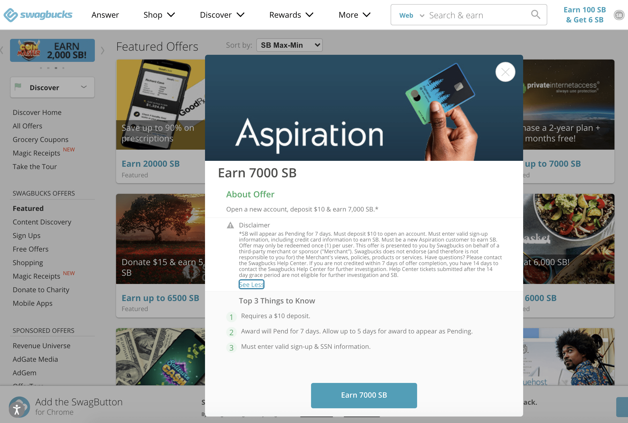 Swagbucks Aspiration Bank Money Maker Example