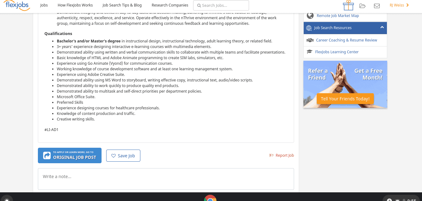 Example of a job posting on FlexJobs