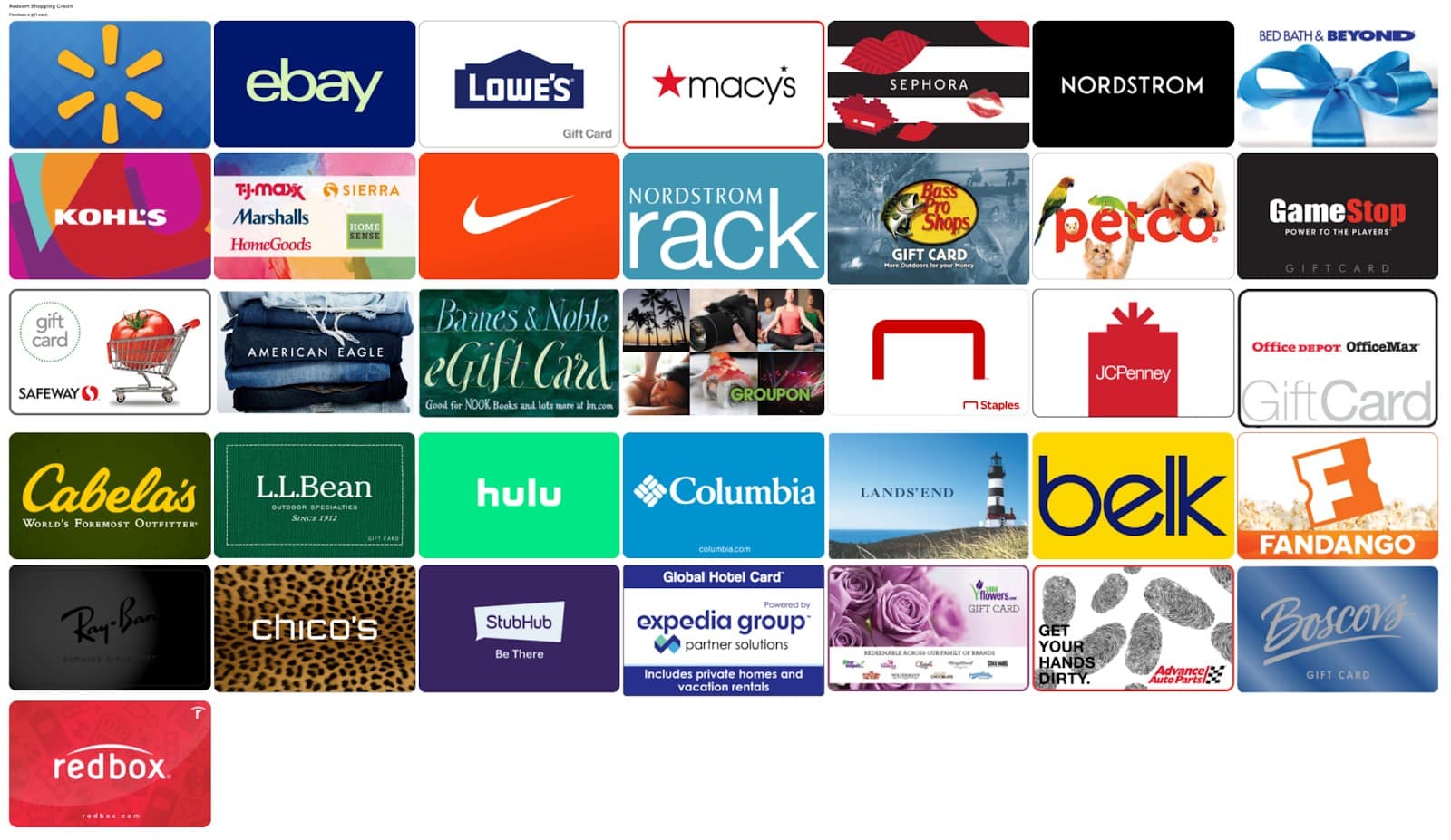 The different gift cards you can choose to redeem your Credits for.