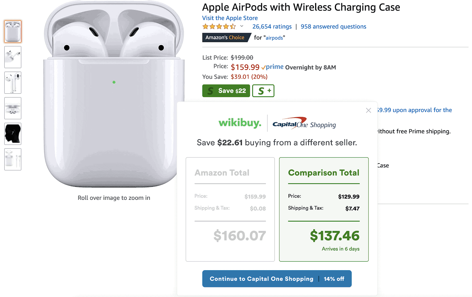Clicking "S Save $22" opens the product comparison table shown above.