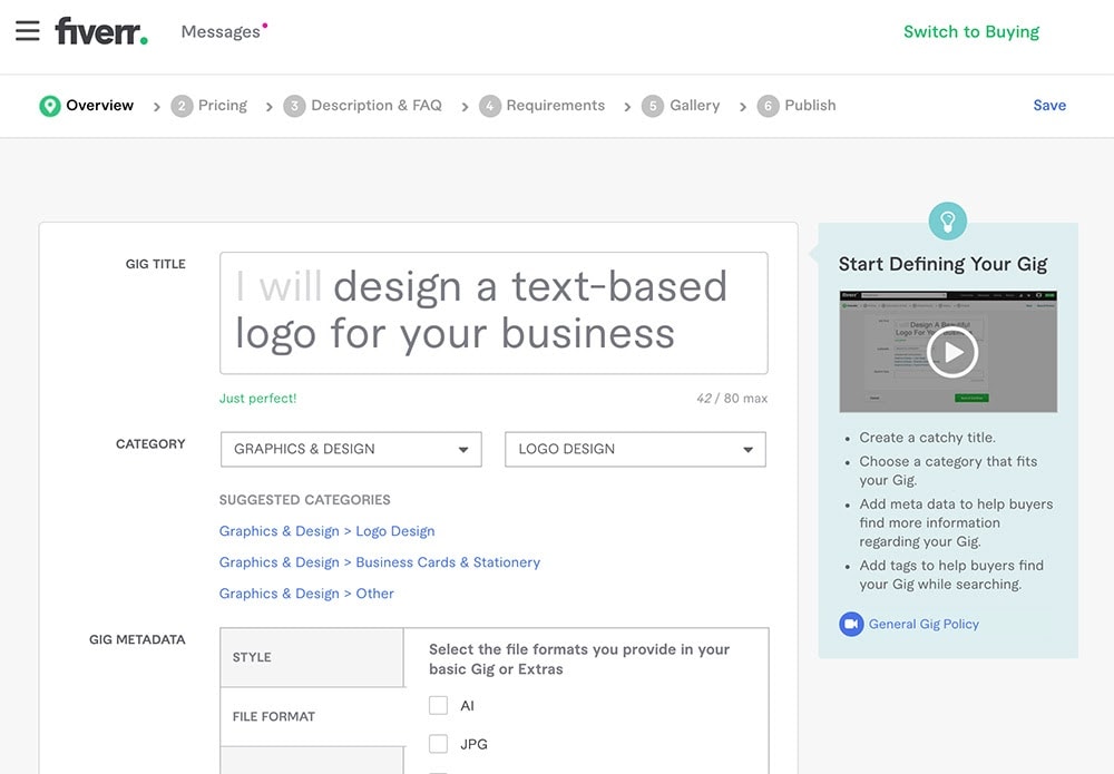 Step 1 of the Fiverr Gig creation process