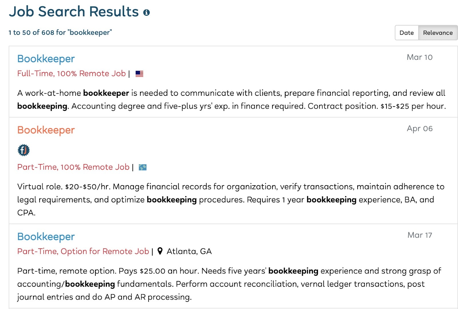 FlexJobs’ search results for remote bookkeeper positions.