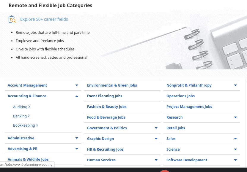 A list of the different work categories available on FlexJobs