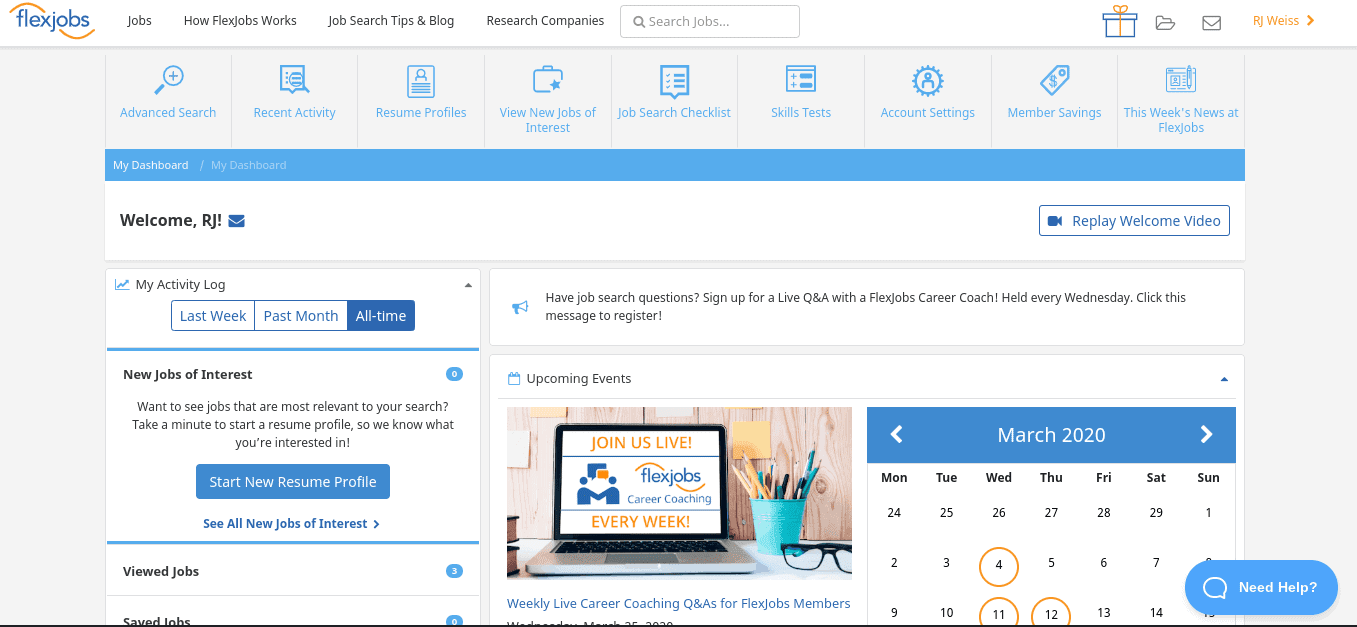 A screenshot of the FlexJobs dashboard