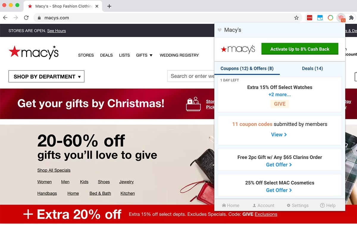 Example of how clicking the piggy bank icon opens a useful dropdown.