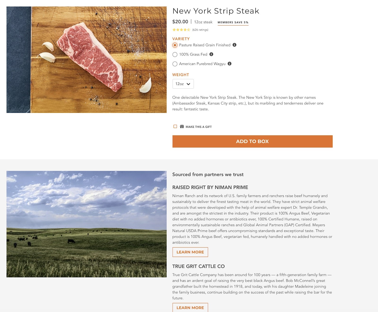 Example of New York Strip Steak sourcing from Crowd Cow.