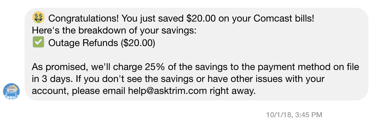 Screenshot of a text message from trim with a savings notification