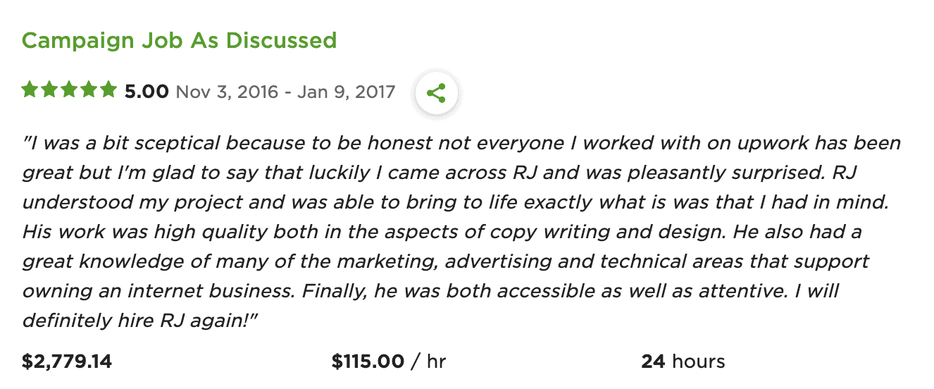 Screenshot of a real Upwork comment I received.
