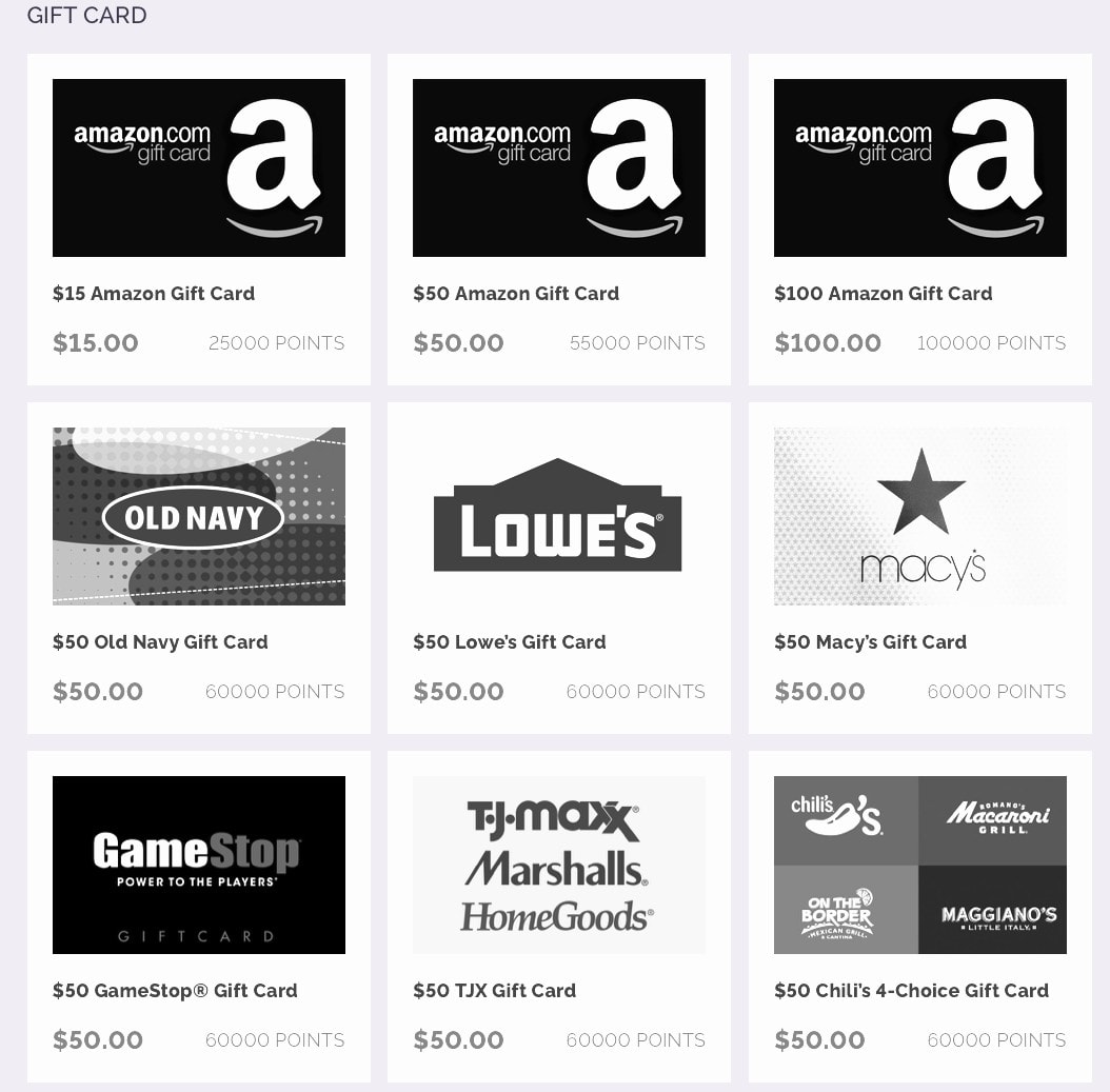 A picture showing some of the different gift cards you can get on YouGov.