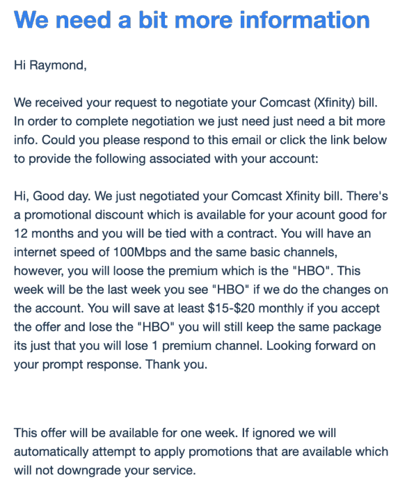 Truebill bill negotiation results email.