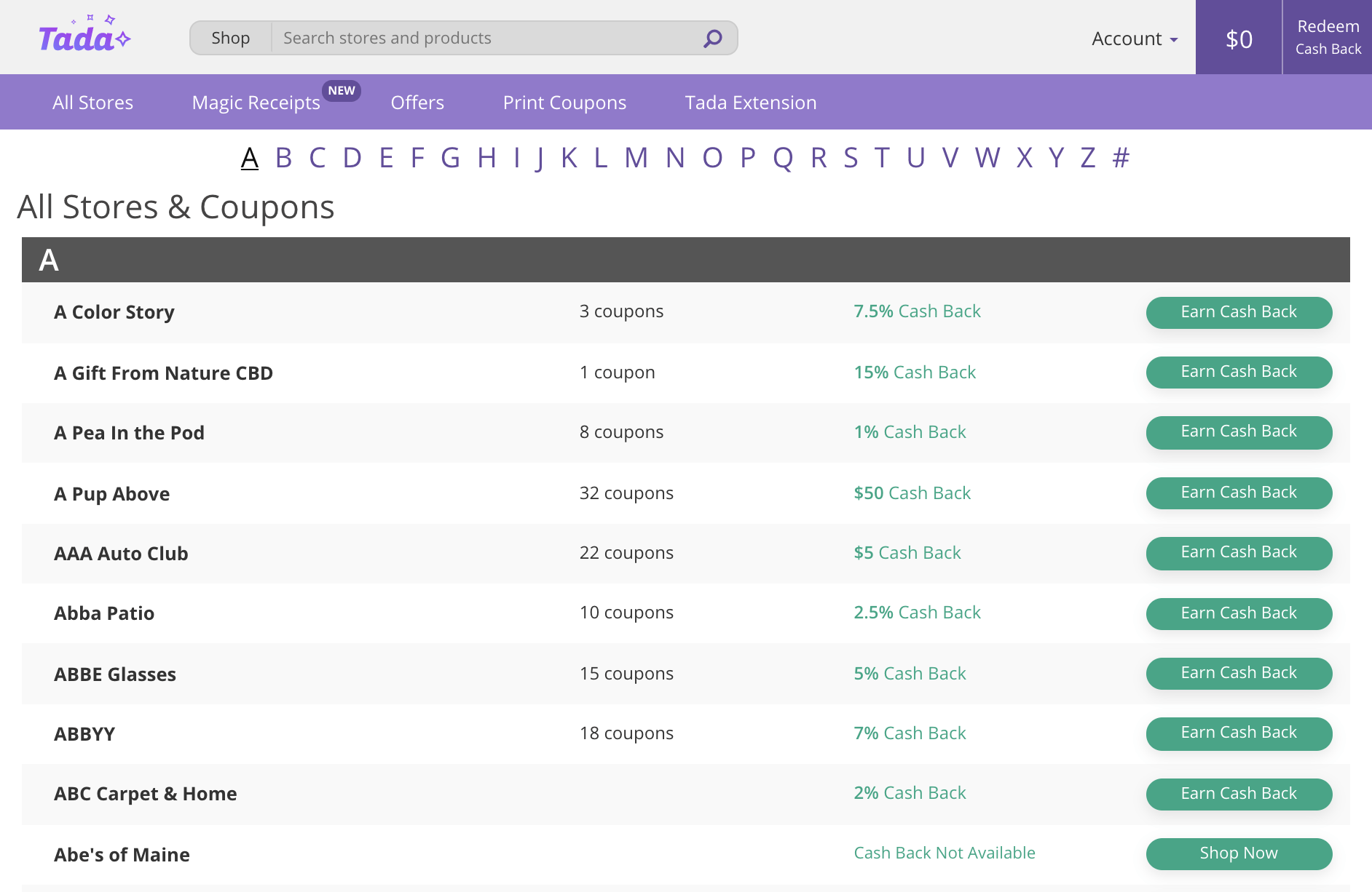 A screenshot of the Tada all-stores page.
