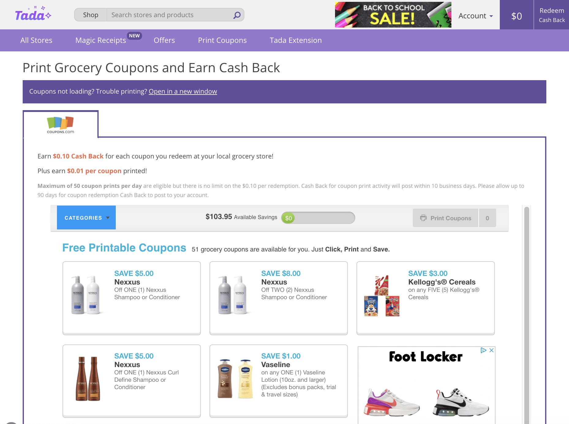 The Tada coupons section.