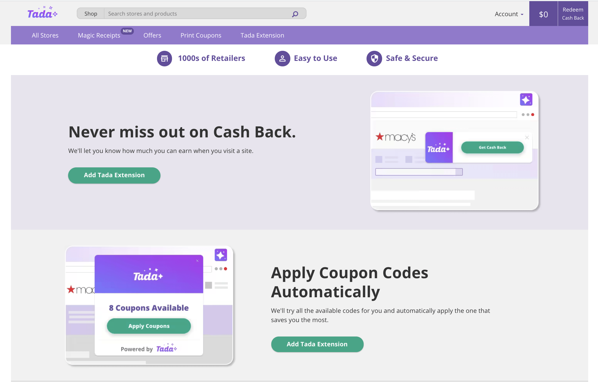 The Tada Extension download page.