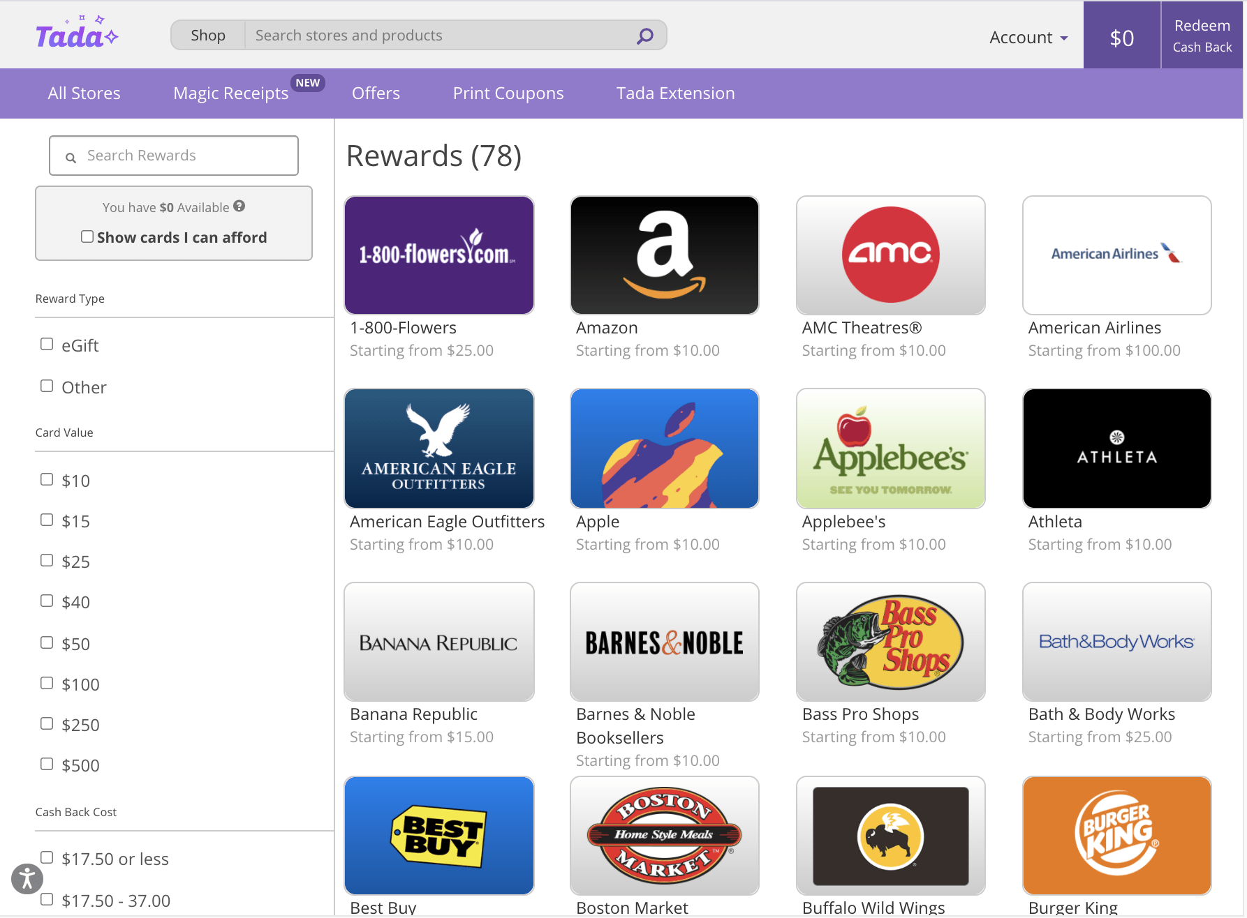 Tada gift card options.