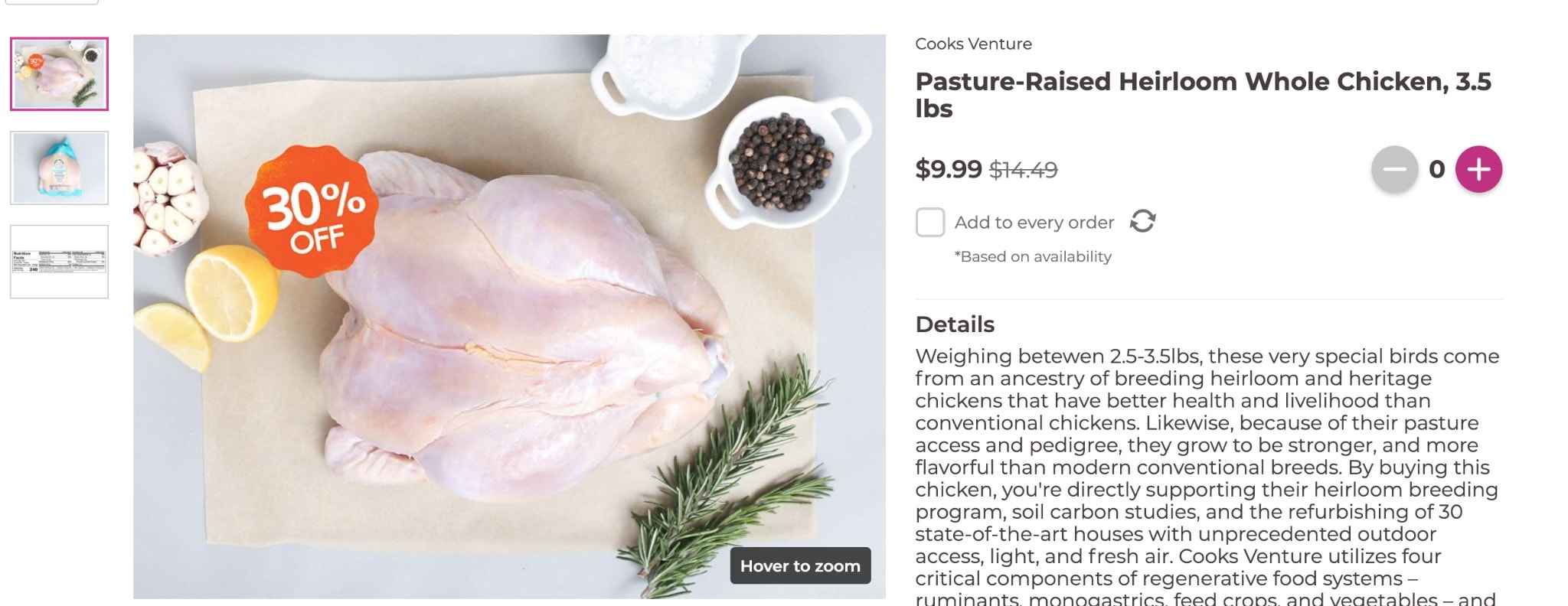 The checkout page for a Cooks Venture chicken on Imperfect Foods.