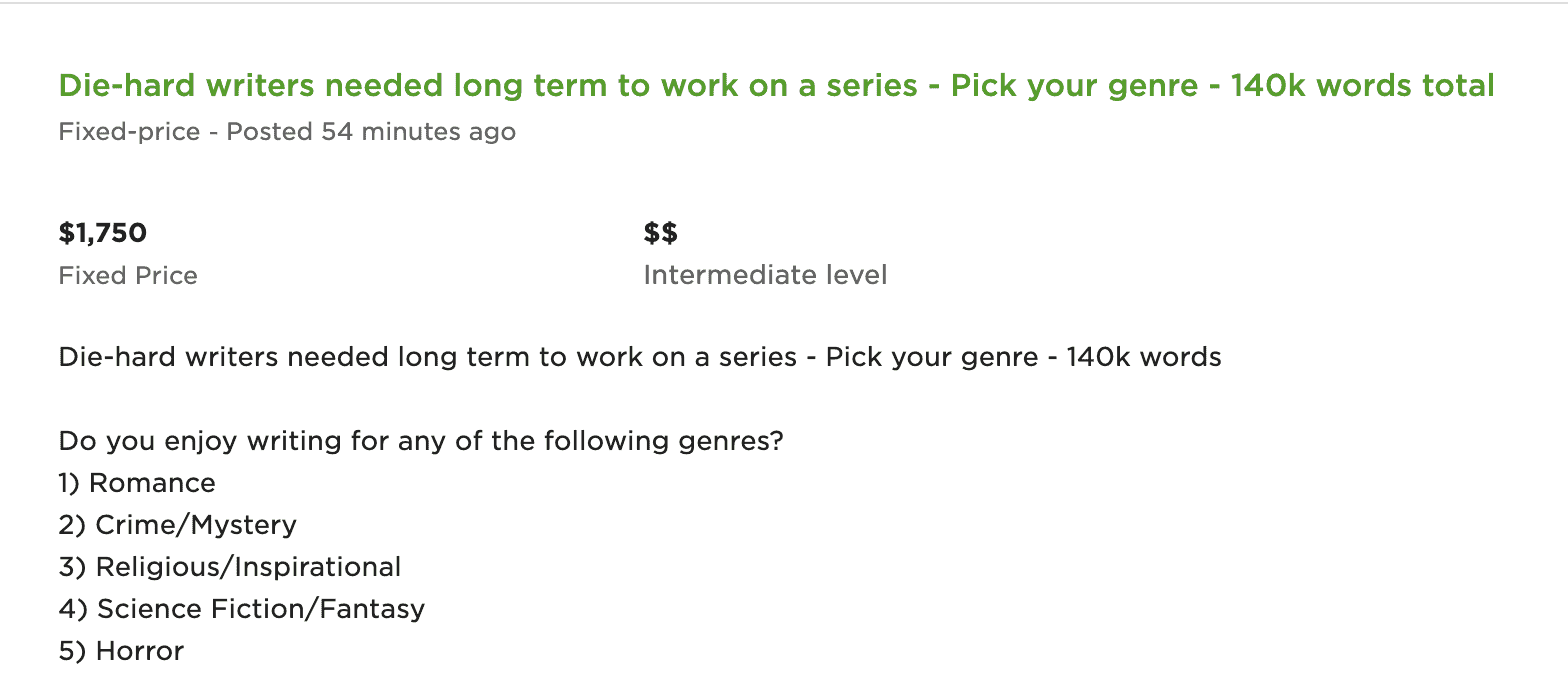 Upwork job listing for a novelist.