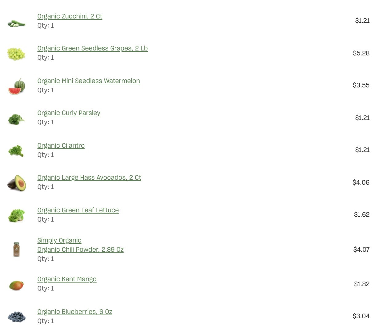 Pricing of the items we ordered when purchasing from Misfits Market