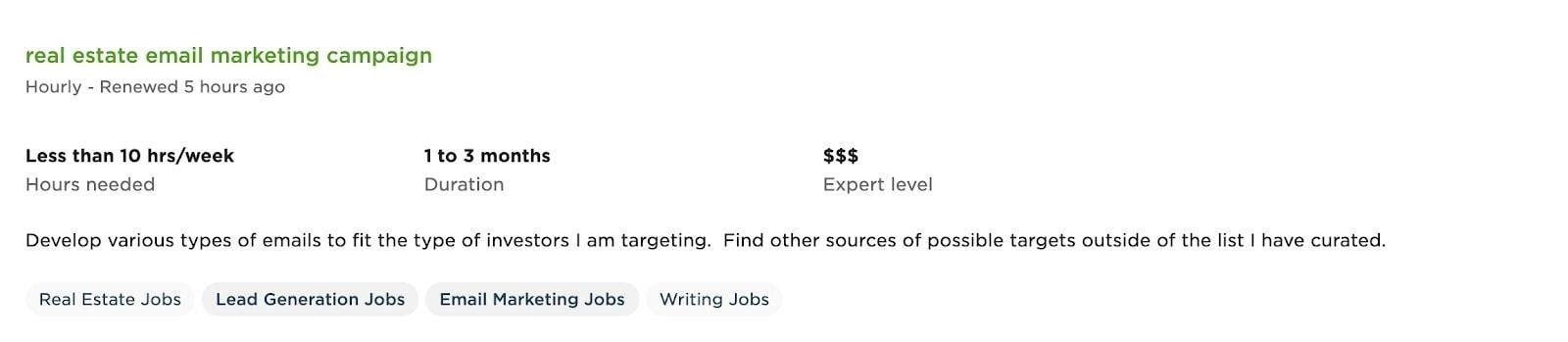 Upwork job listing for a marketing copywriter.