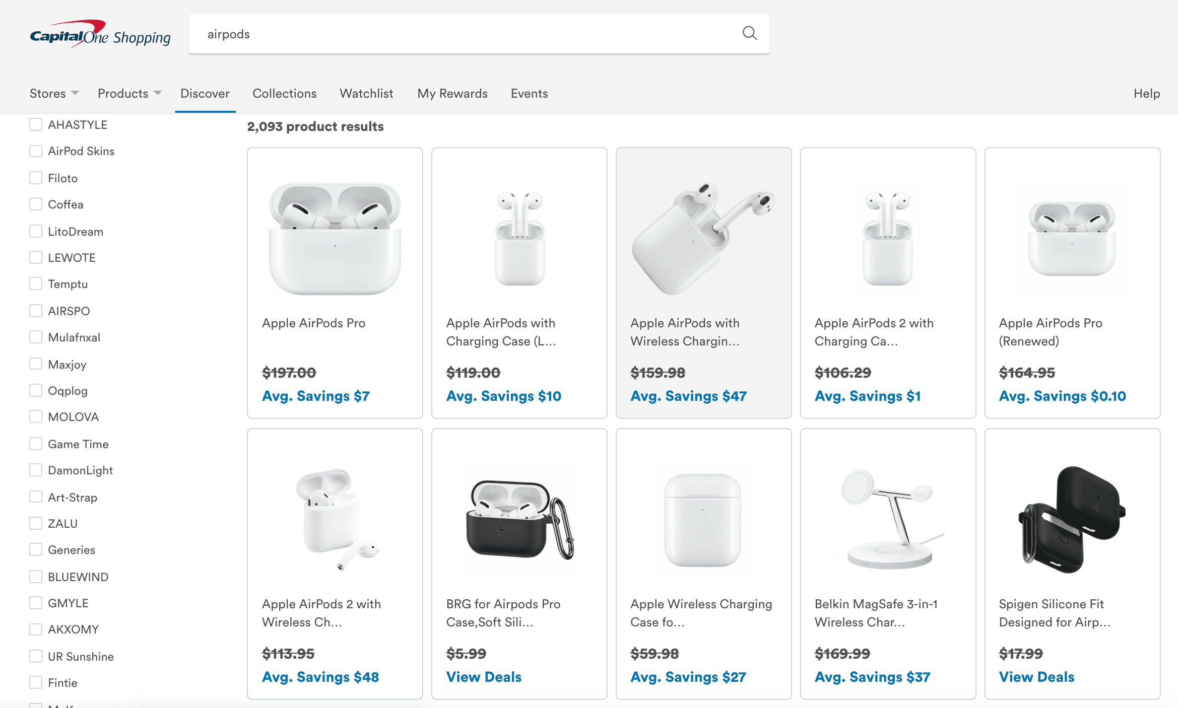 Capital One Shopping Product Search Results page