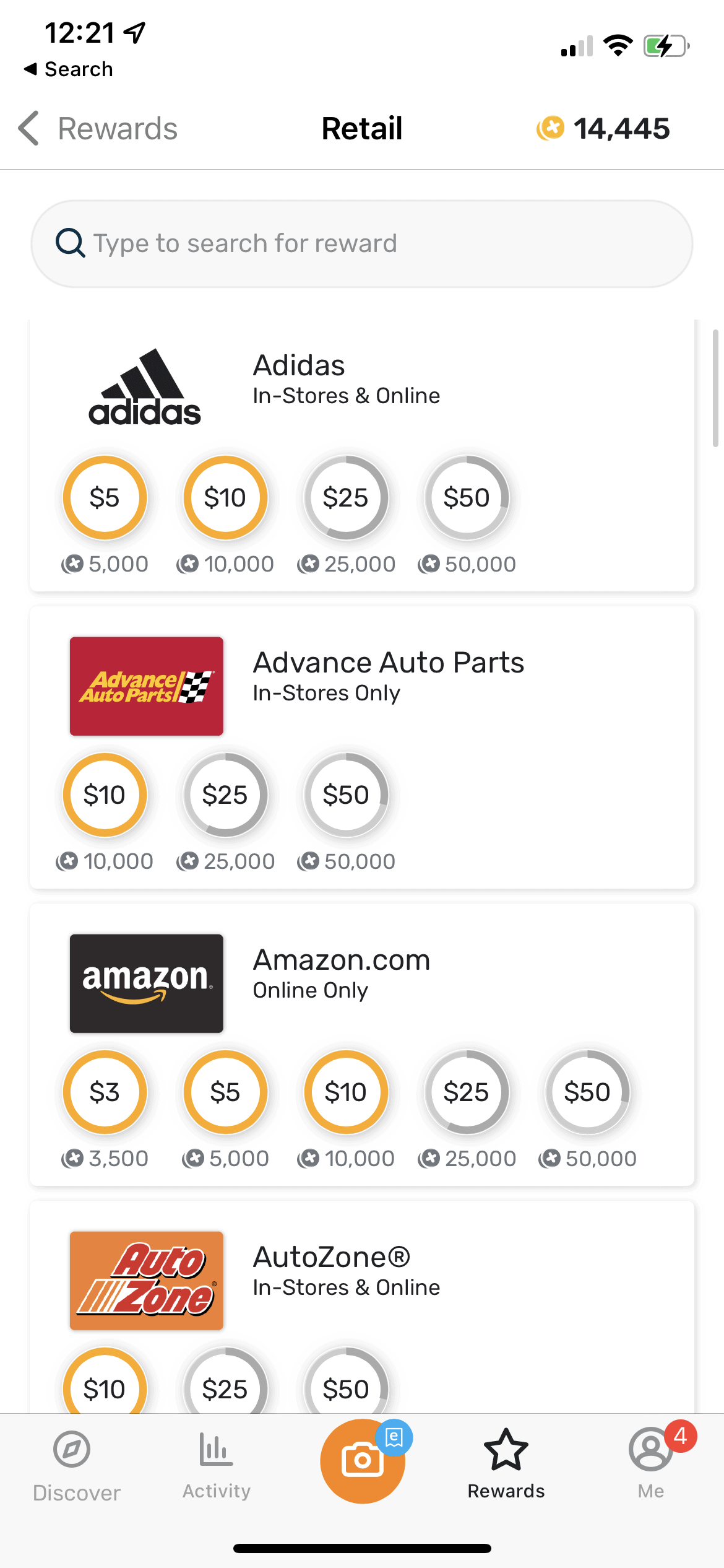 Some of the Fetch Rewards gift card redemption options.