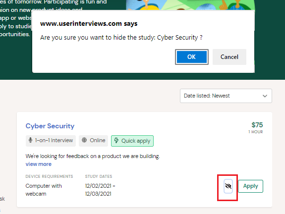 User interviews study search screenshot.