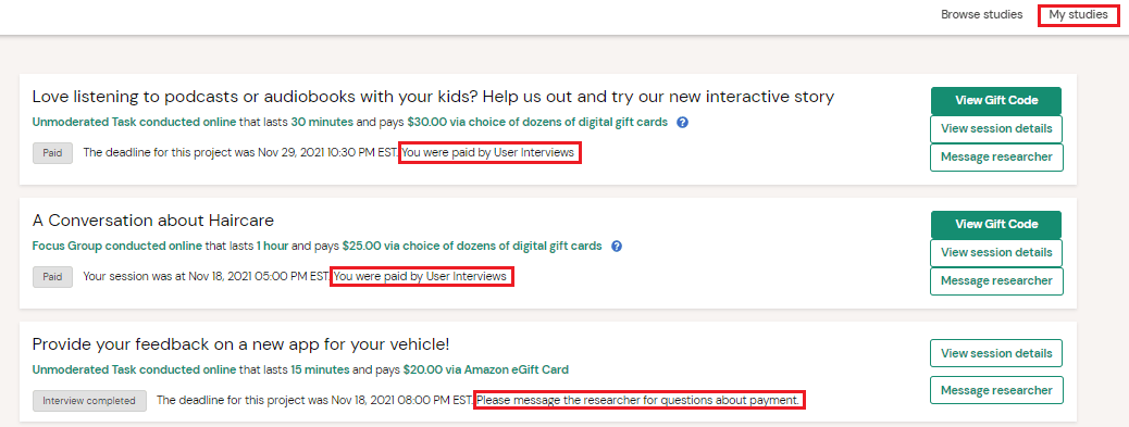 Our User Interviews payment history.