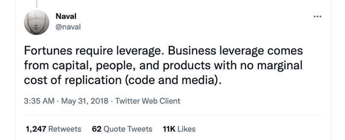 Naval Ravinkant marginal cost of replication tweet.