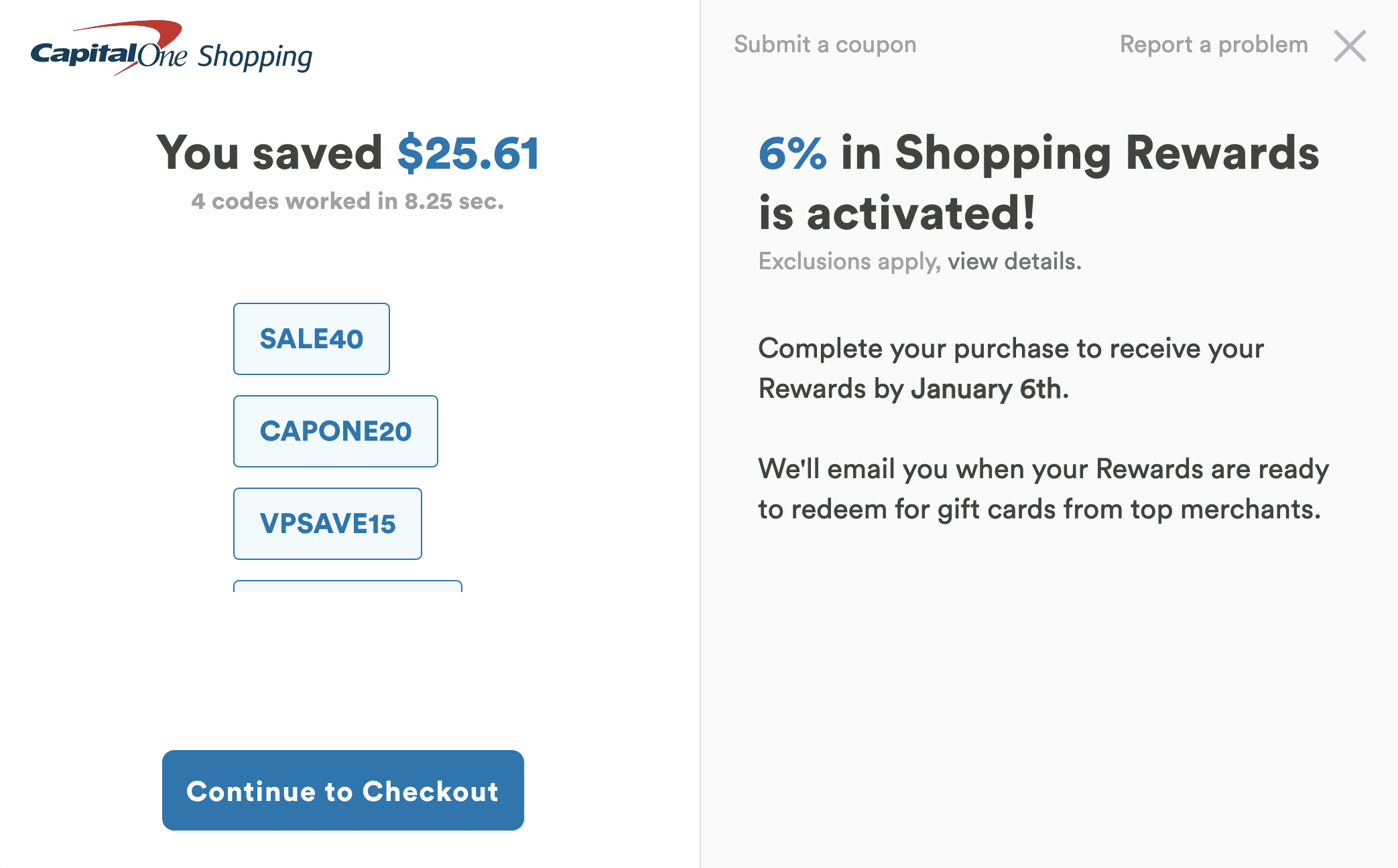 It shows which coupons were tried as well as any potential Shopping Rewards.