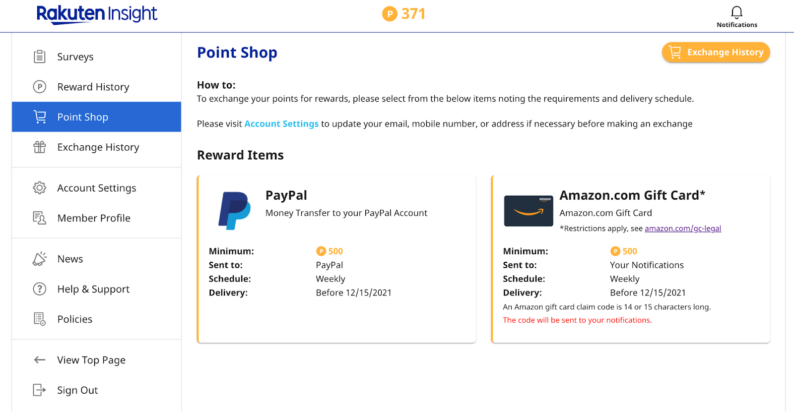 Rakuten Insight payout options.