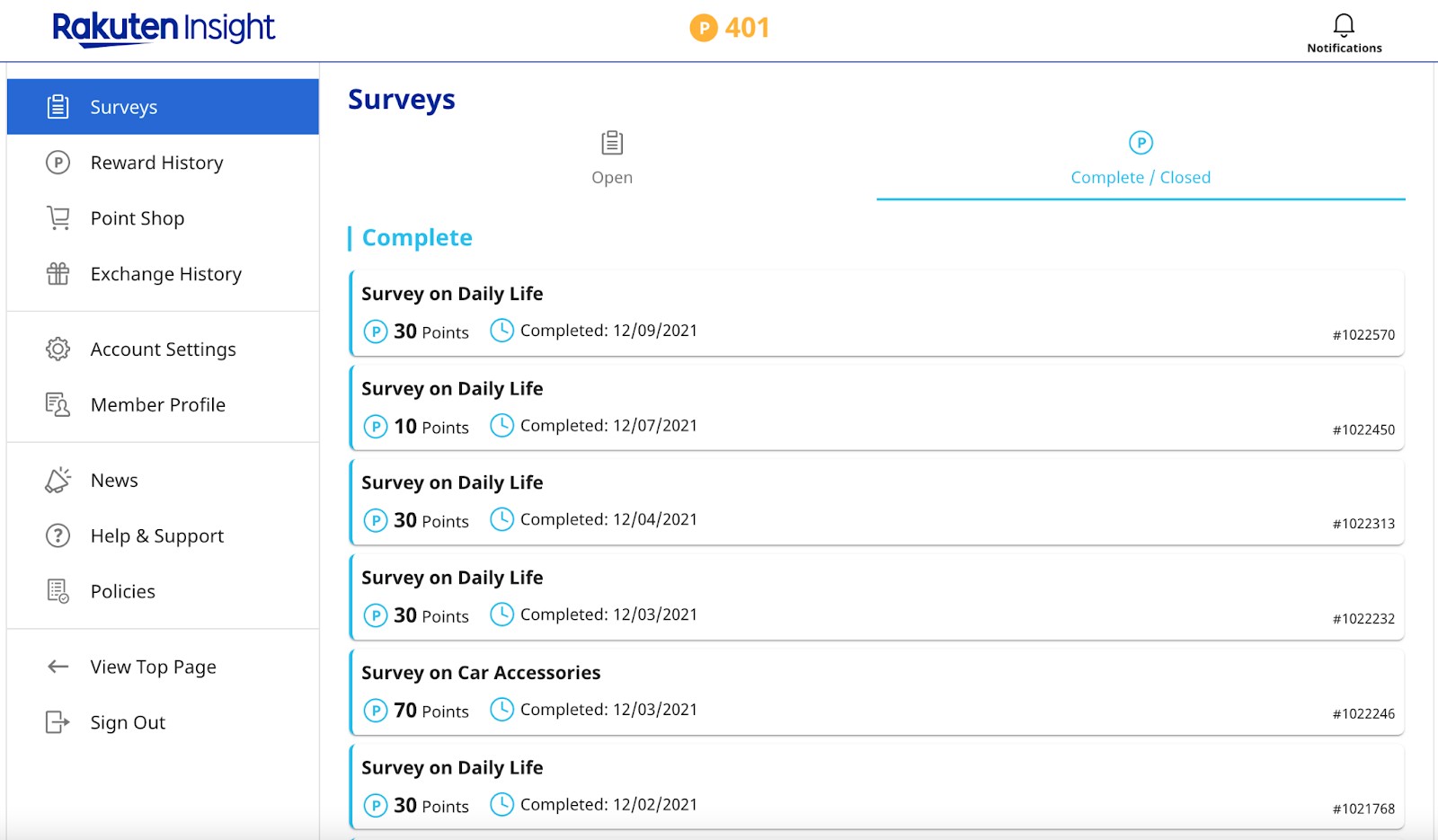 Our Rakuten Insight survey log.