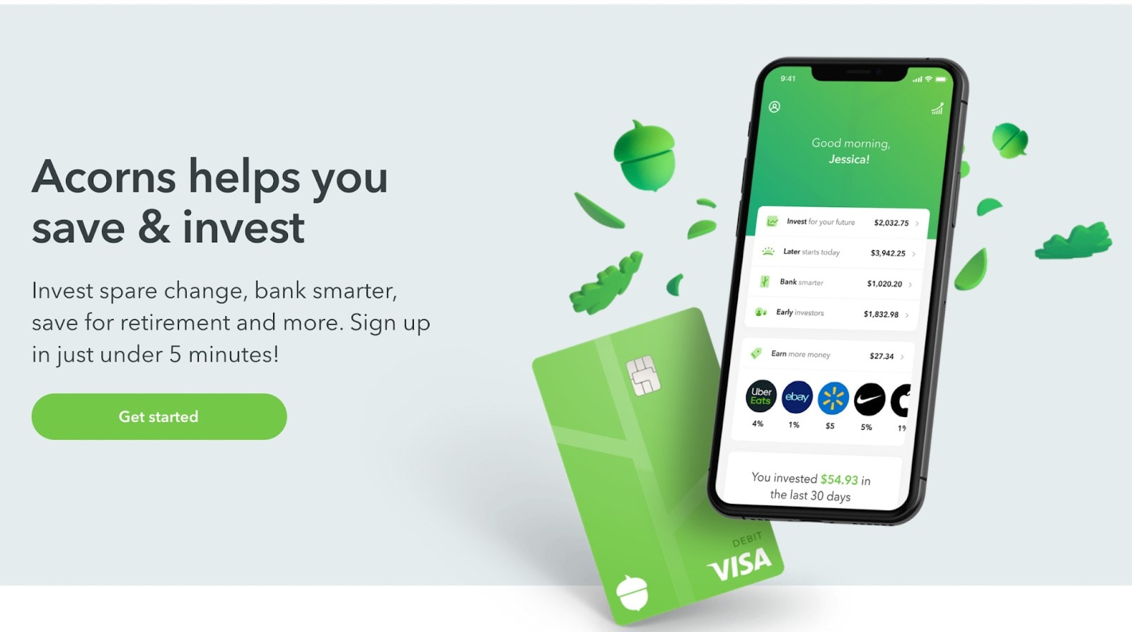 A screenshot of the Acorns homepage.