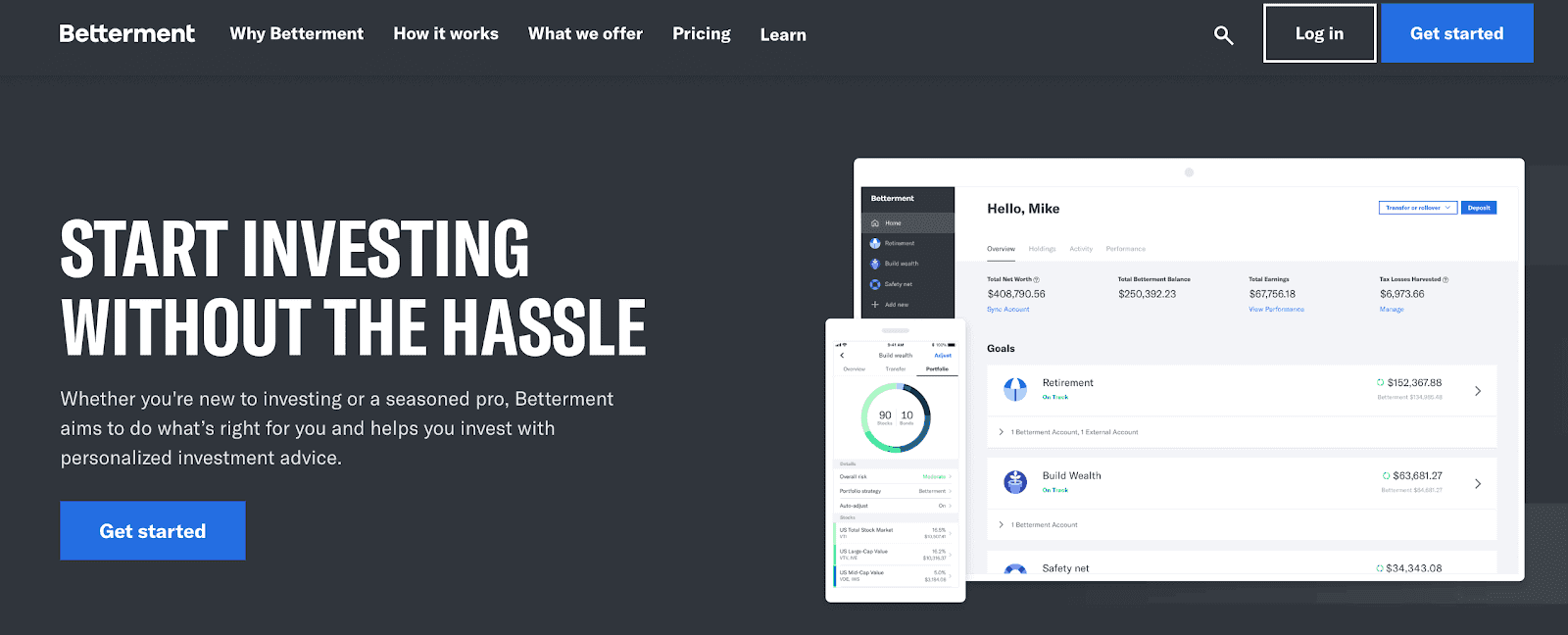 Screenshot of the Betterment home page.
