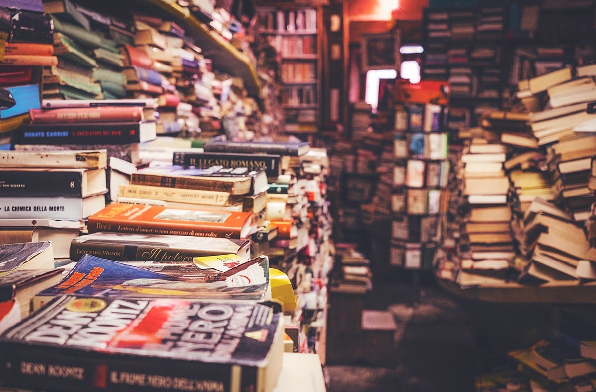 A pile of used books.