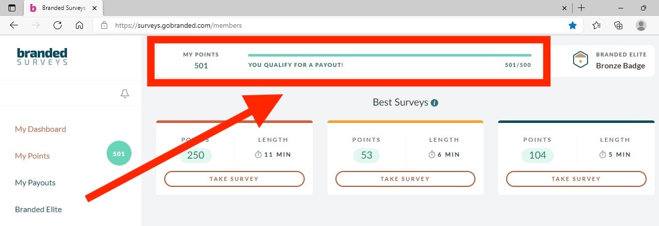 You'll see a notice in the Branded Surveys dashboard whenever you have enough approved points to request rewards.