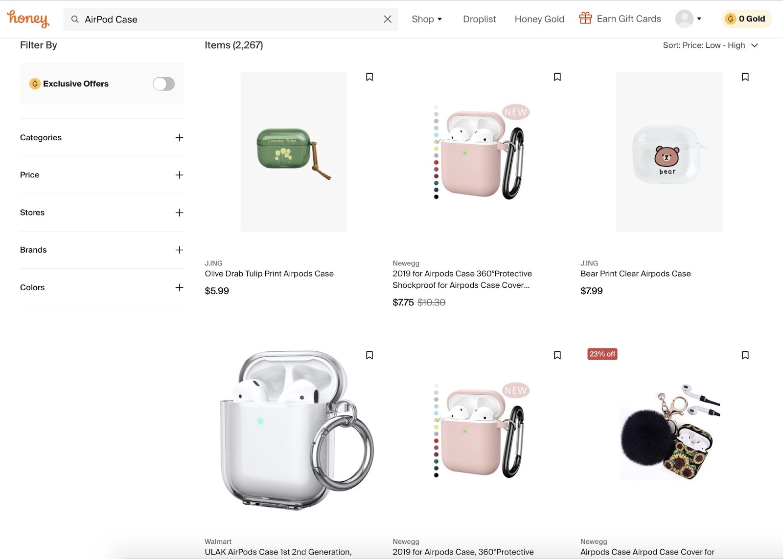 Example of Honey universal search results with no filtering.