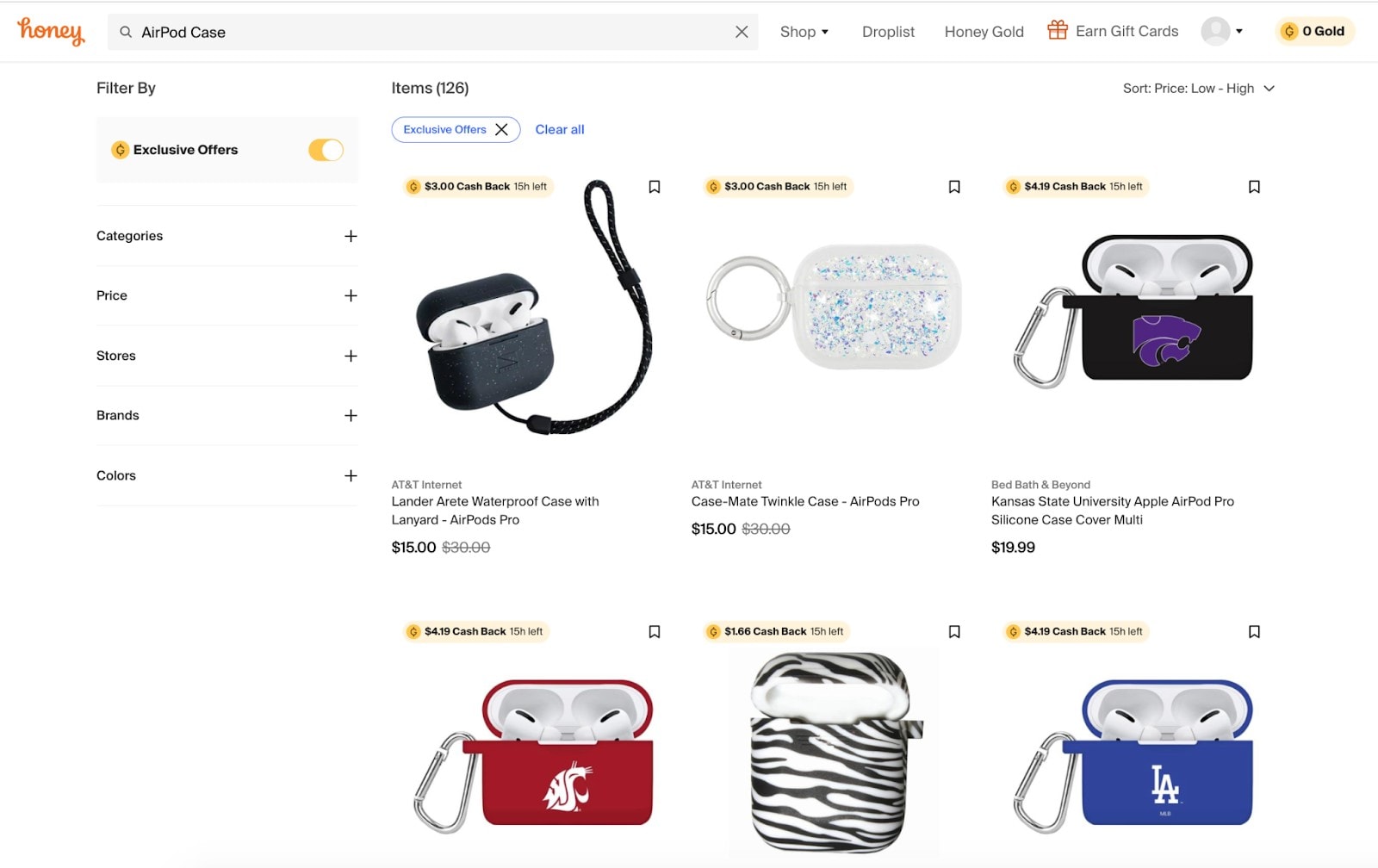Example of Honey's universal search feature with filtering enabled.