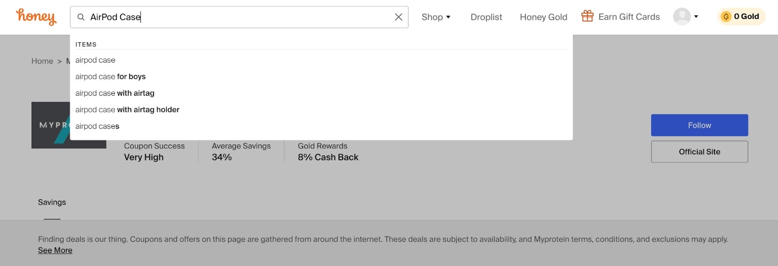 Example of the Honey universal item search feature.