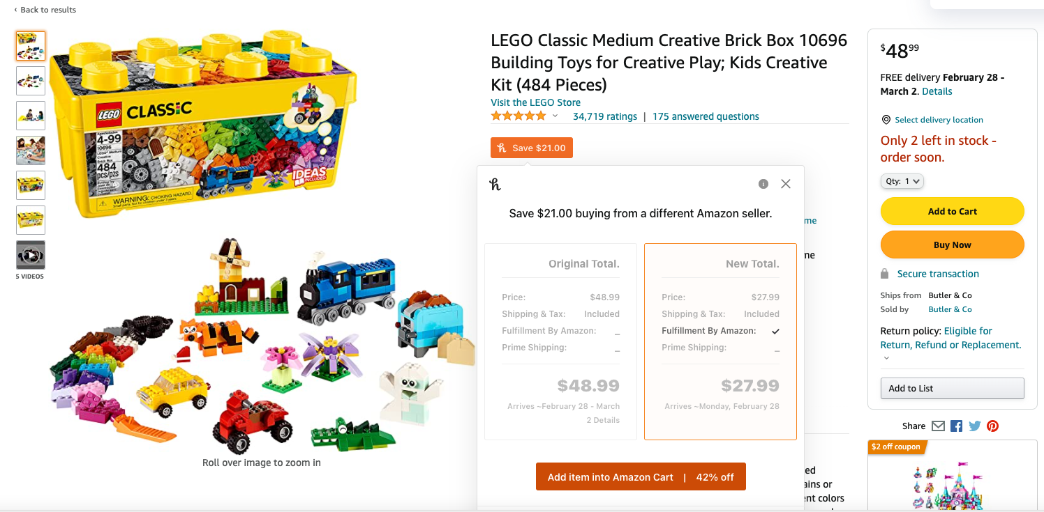 Honey inserts a price comparison widget right into the Amazon product page.