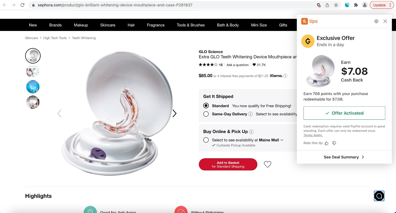 The information shown in the Honey pop-up changes based on the page you're browsing.