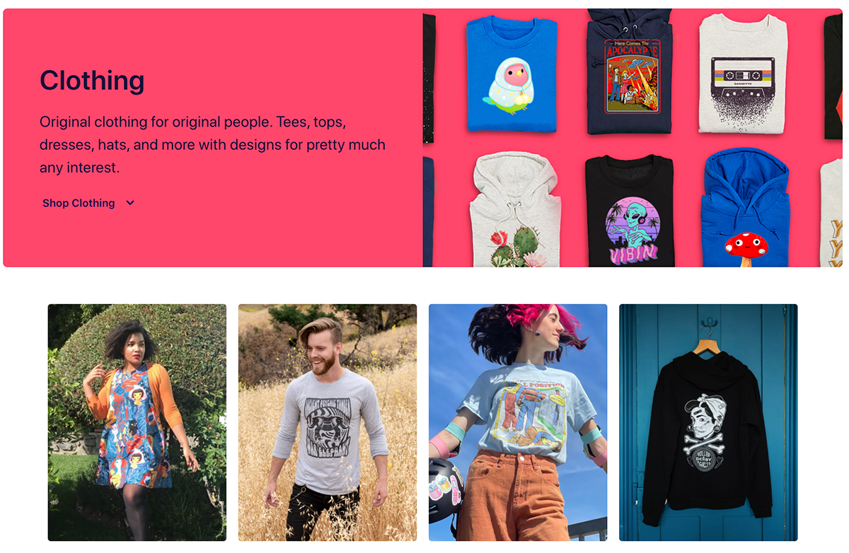 Sites like Redbubble (pictured above) allow you to upload your original designs, which can then be printed on dozens of products and shipped directly to customers.