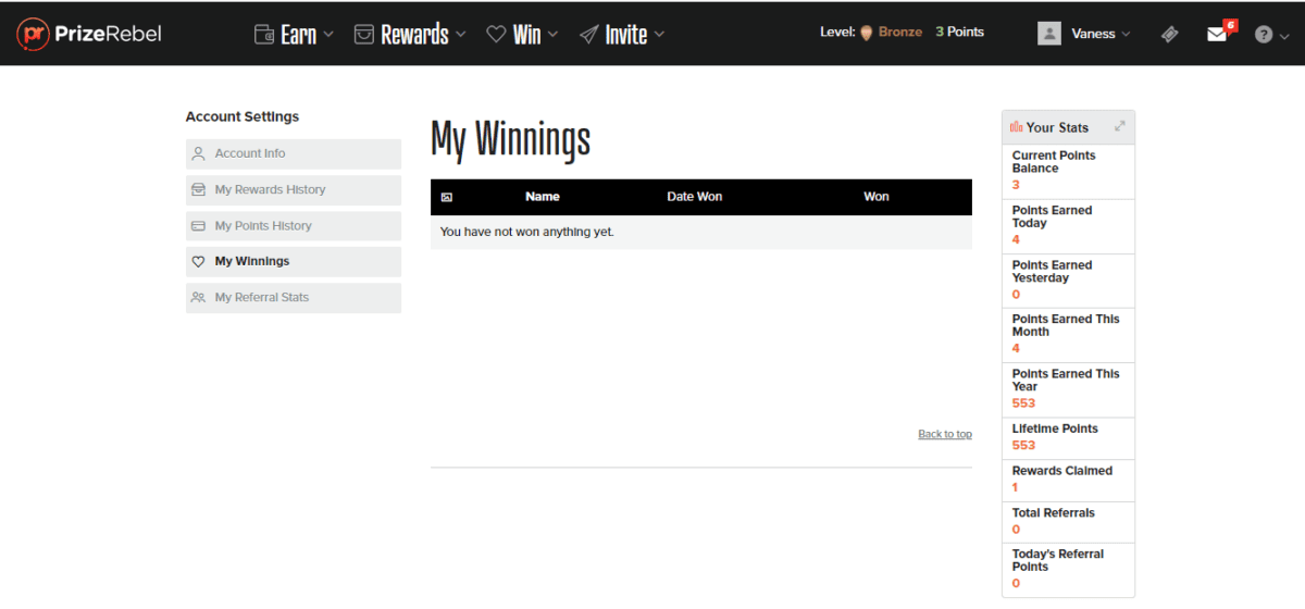 PrizeRebel My Winnings Page
