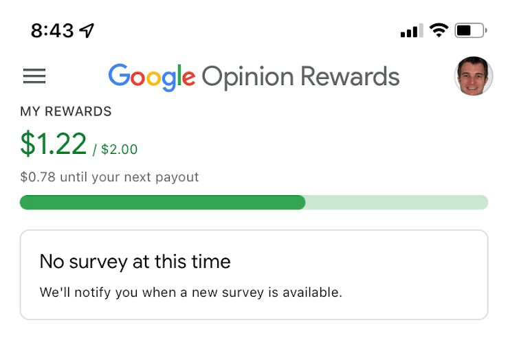 The Google Opinion Rewards dashboard.