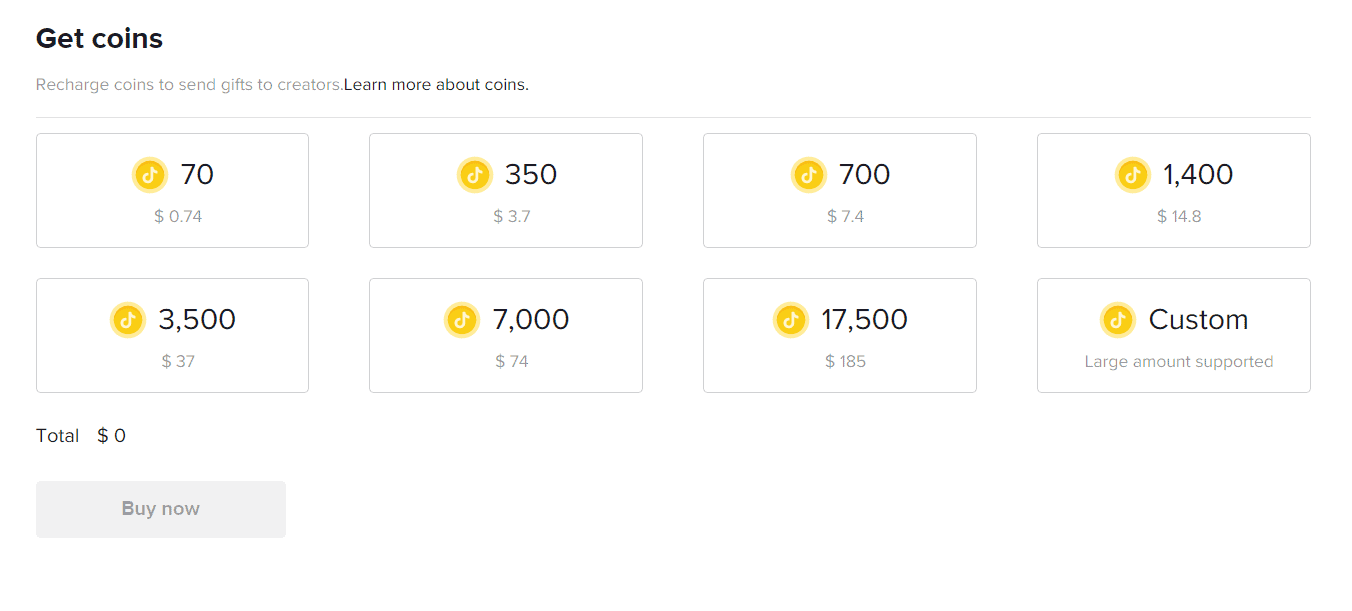 TikTok coins price.