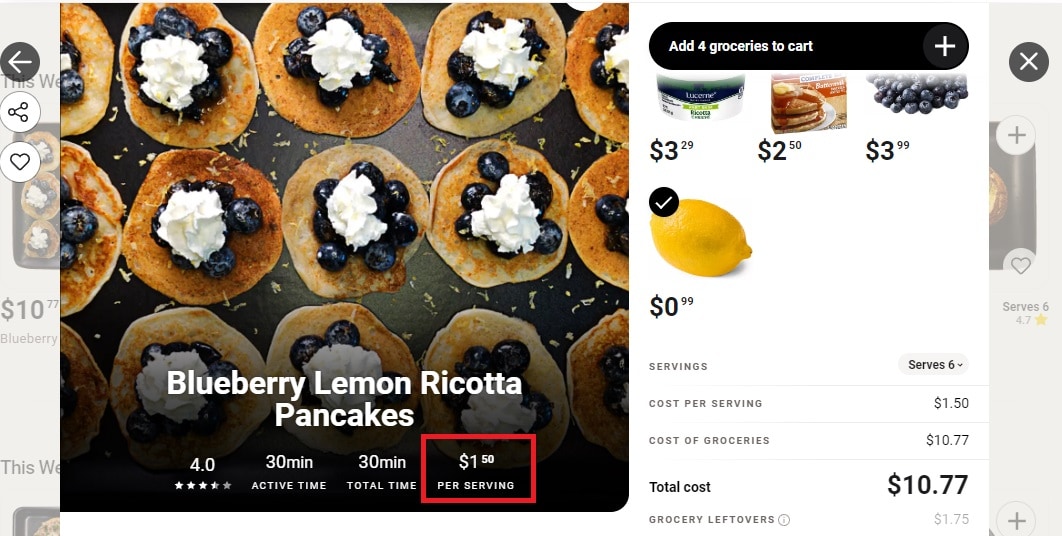 You can get more information about each recipe, including cost per serving, total prep time and ratings from other Anycart users.