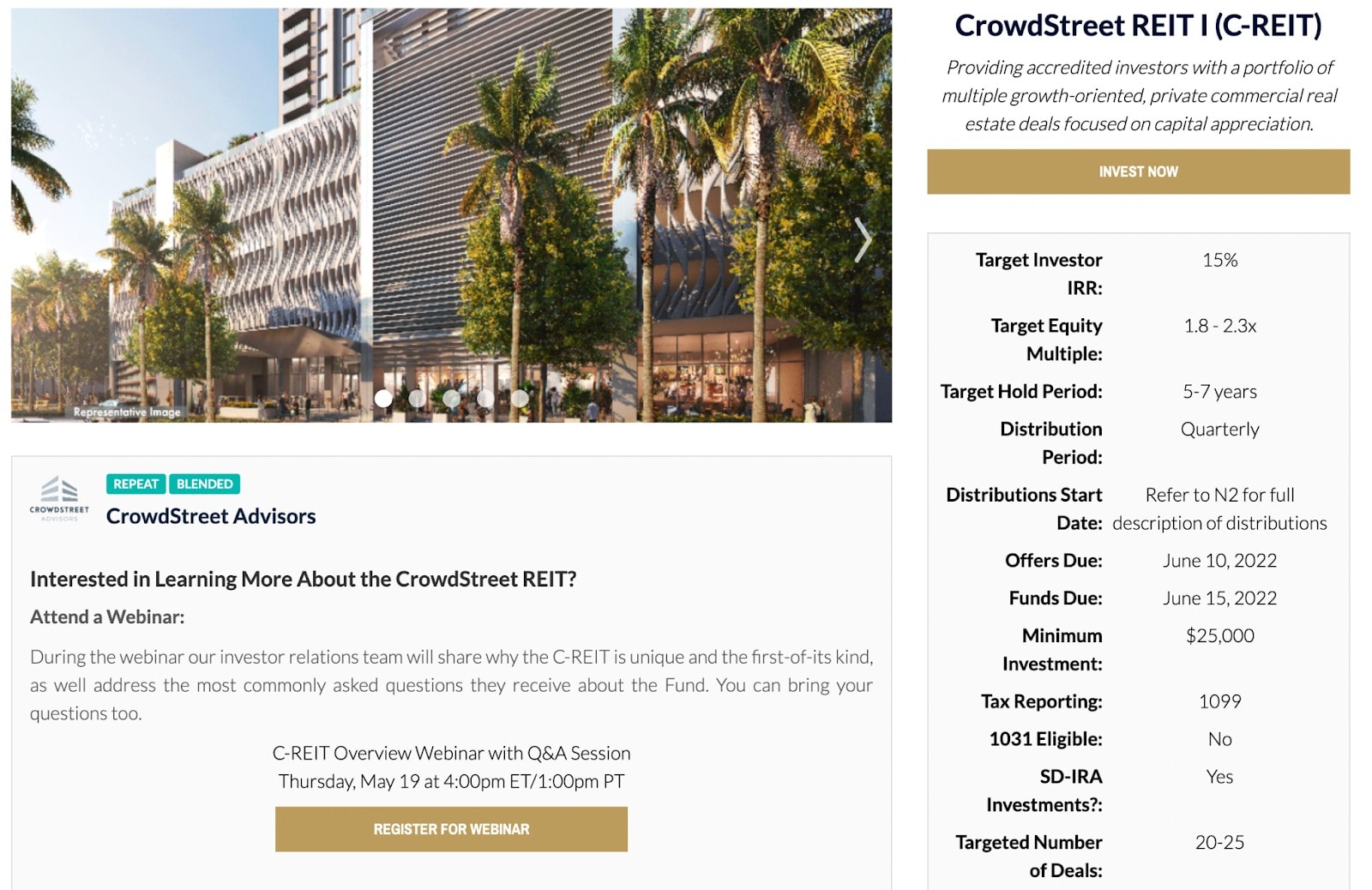 Details about one of the REITs available on the CrowdStreet Marketplace.