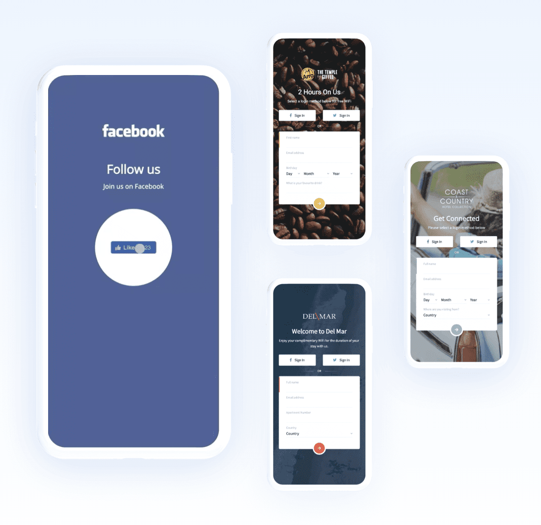 These screenshots show some of the different types of login boxes you might encounter when using Facebook Wifi.
