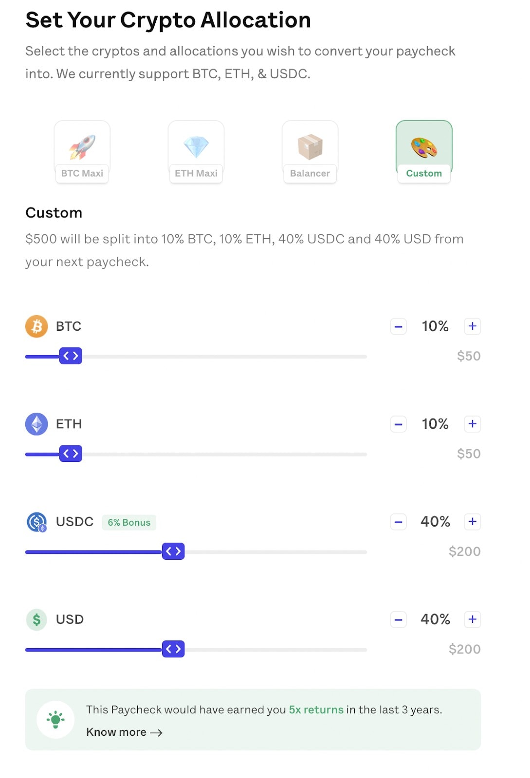 Setting up your crypto paycheck allocation.